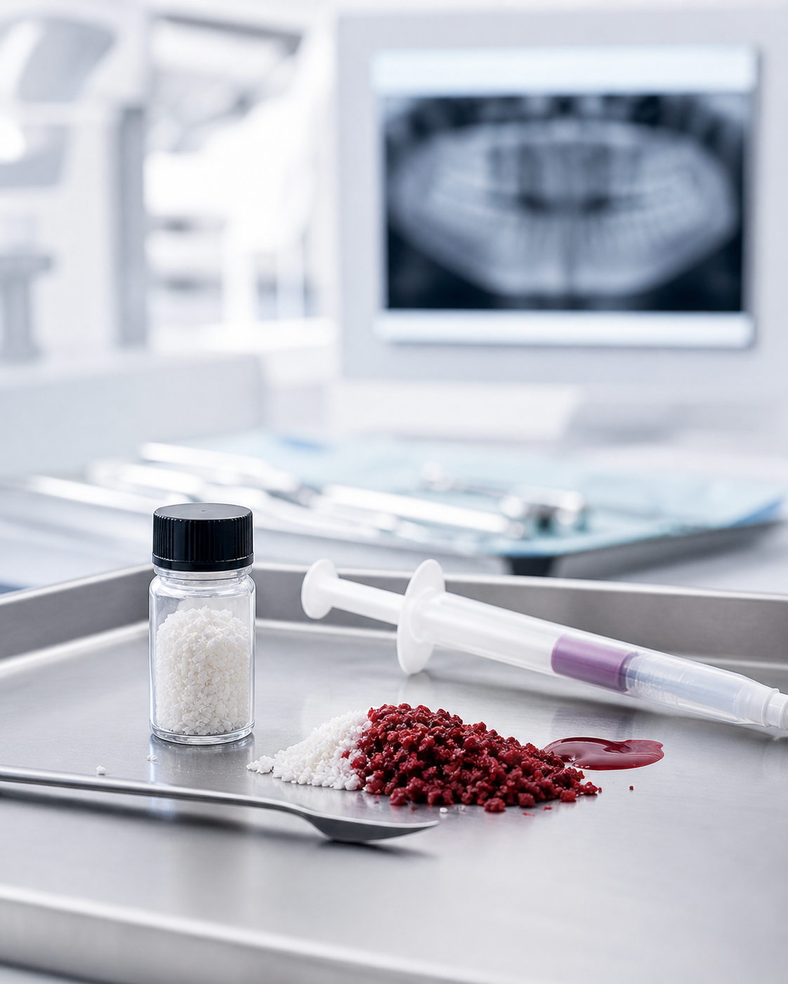 Apresentação clínica do The Graft com frasco, seringa e granulado em ambiente médico